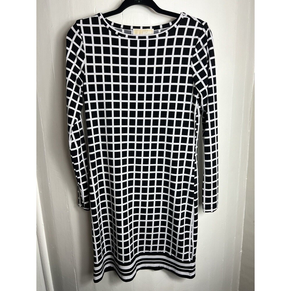 Michael Kors Dress Pullover Stretch Black White Check Long Sleeve Small